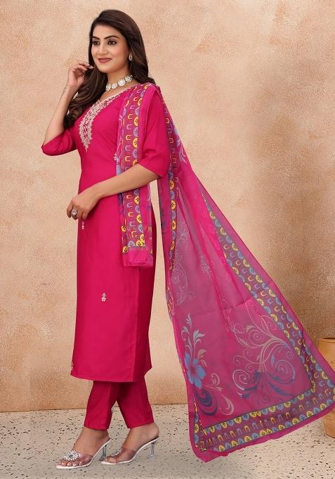 Rani Pink Embroidered Cotton Blend Kurta Set