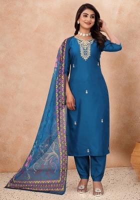 Indigo Embroidered Cotton Blend Kurta Set