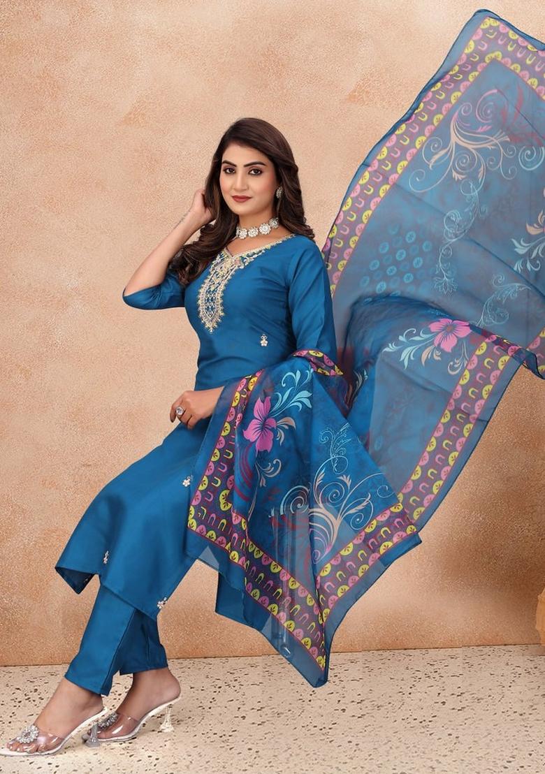 Indigo Embroidered Cotton Blend Kurta Set - Indya