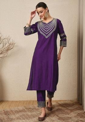Purple Embroidered Silk Kurta Set