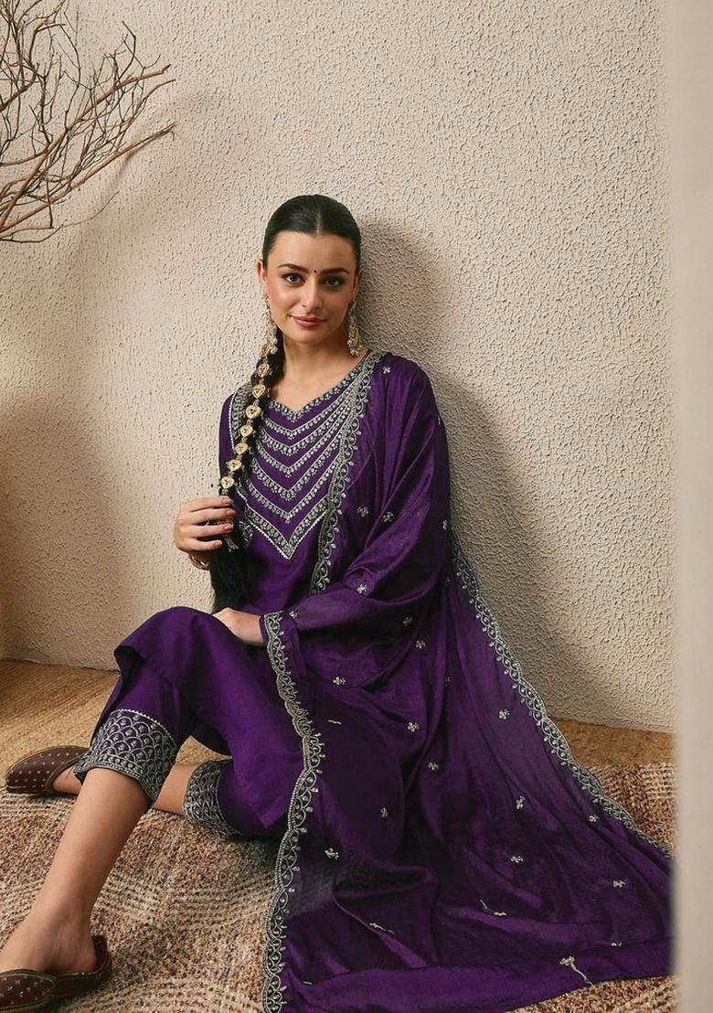 Purple Embroidered Silk Kurta Set - Indya