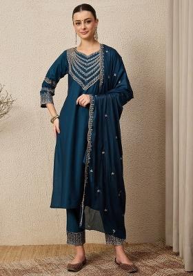 Blue Embroidered Silk Kurta Set