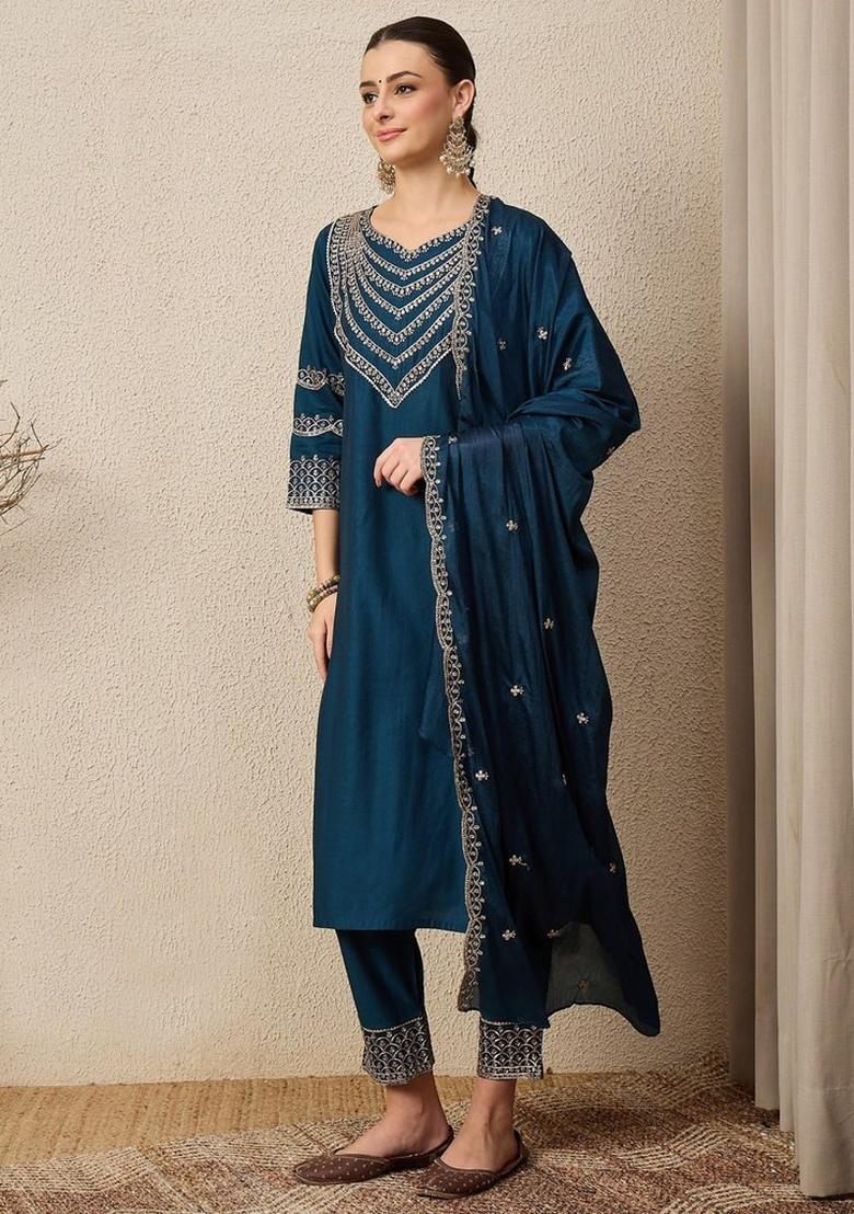 Blue Embroidered Silk Kurta Set - Indya