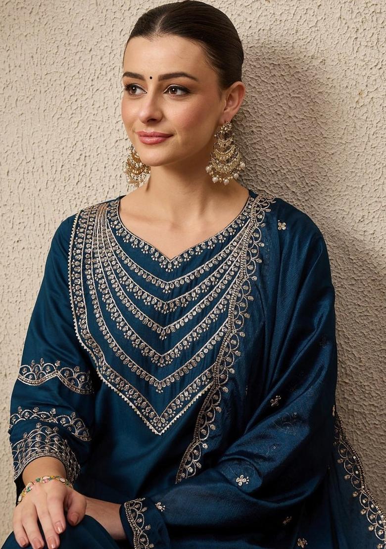 Blue Embroidered Silk Kurta Set - Indya