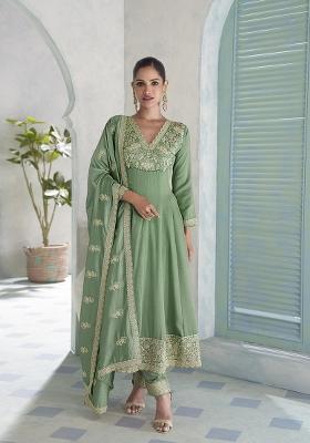 Green Embroidered Silk Kurta Set