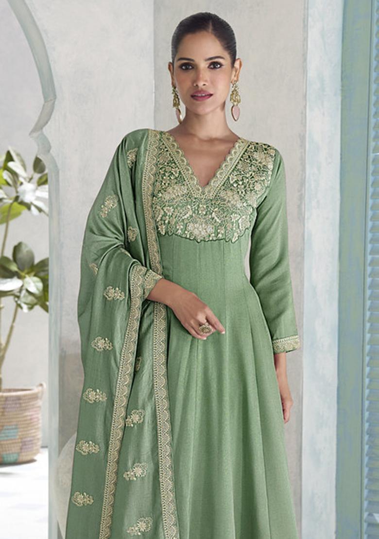 Green Embroidered Silk Kurta Set - Indya