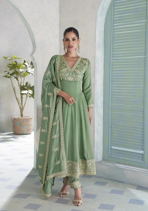 Green Embroidered Silk Kurta Set
