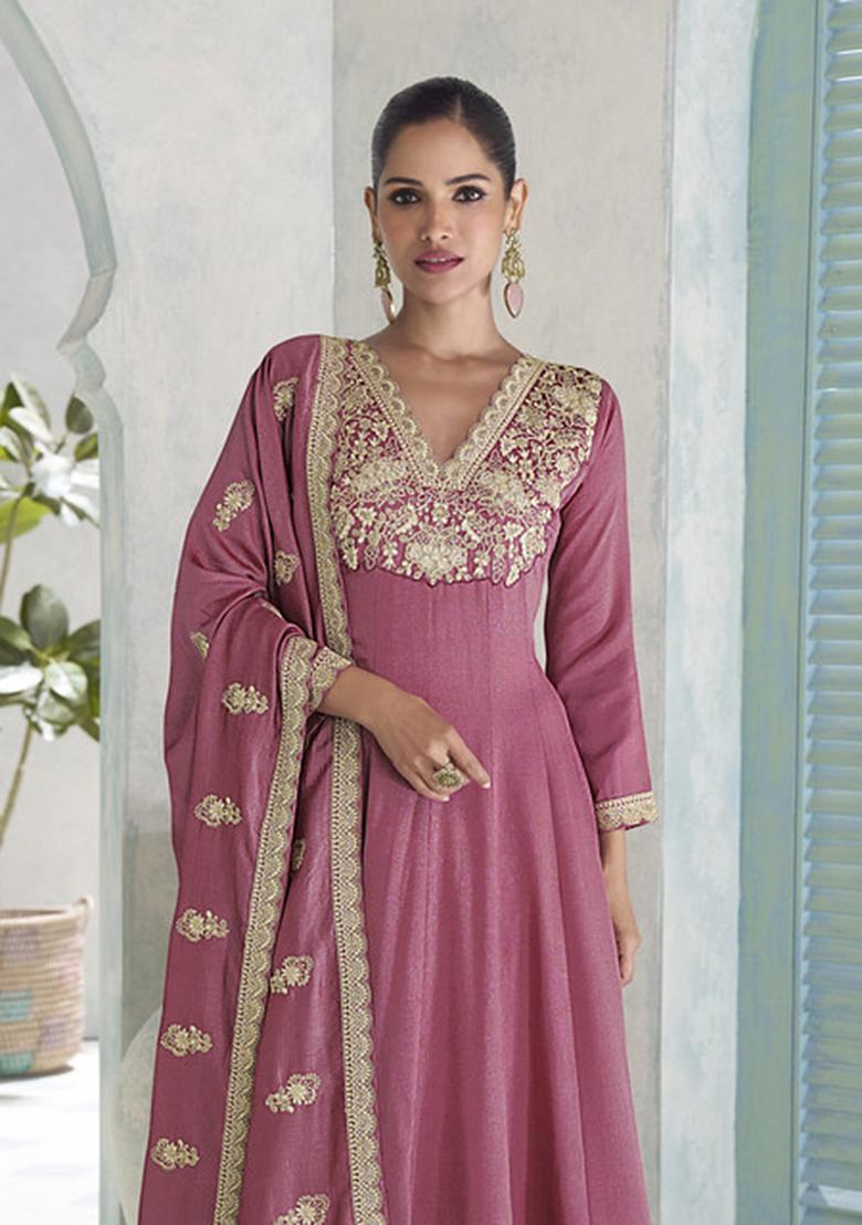 Lavendar Embroidered Silk Kurta Set - Indya
