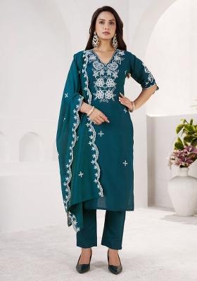 Blue Embroidered Silk Kurta Set