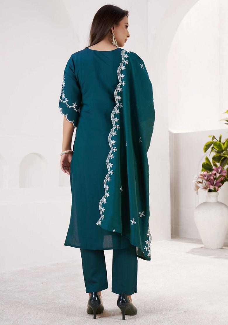 Blue Embroidered Silk Kurta Set - Indya