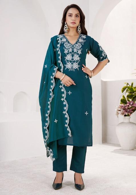 Blue Embroidered Silk Kurta Set