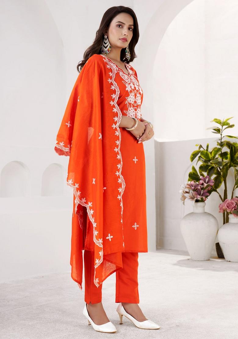 Orange Embroidered Silk Kurta Set - Indya