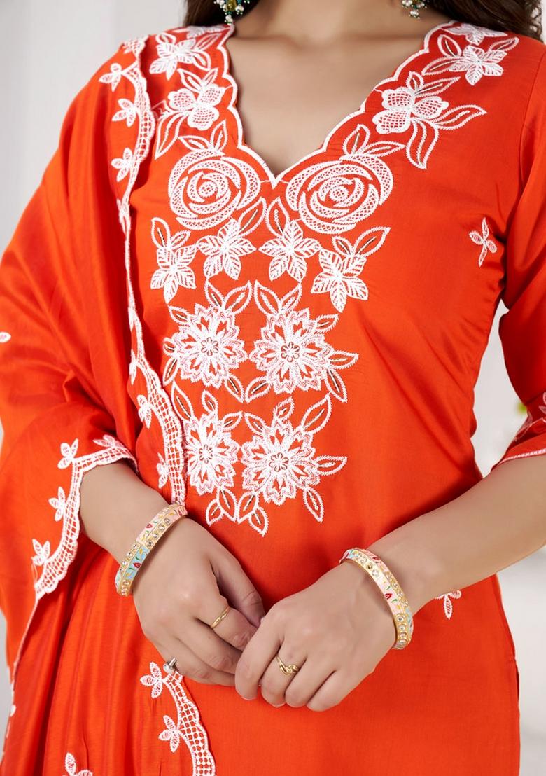 Orange Embroidered Silk Kurta Set - Indya