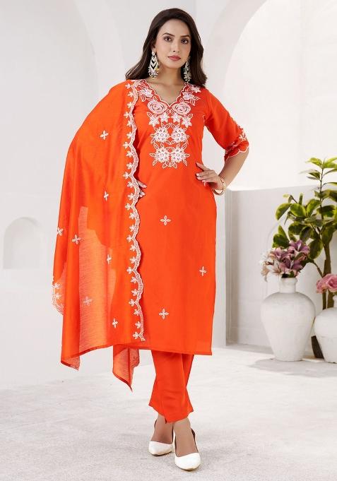 Orange Embroidered Silk Kurta Set