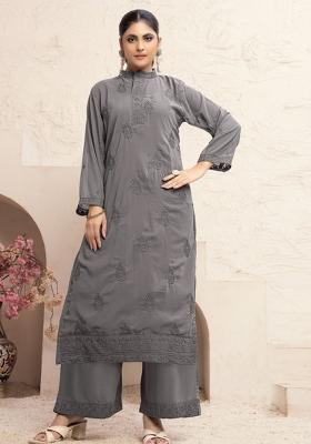 Brown Embroidered Georgette Kurta Set
