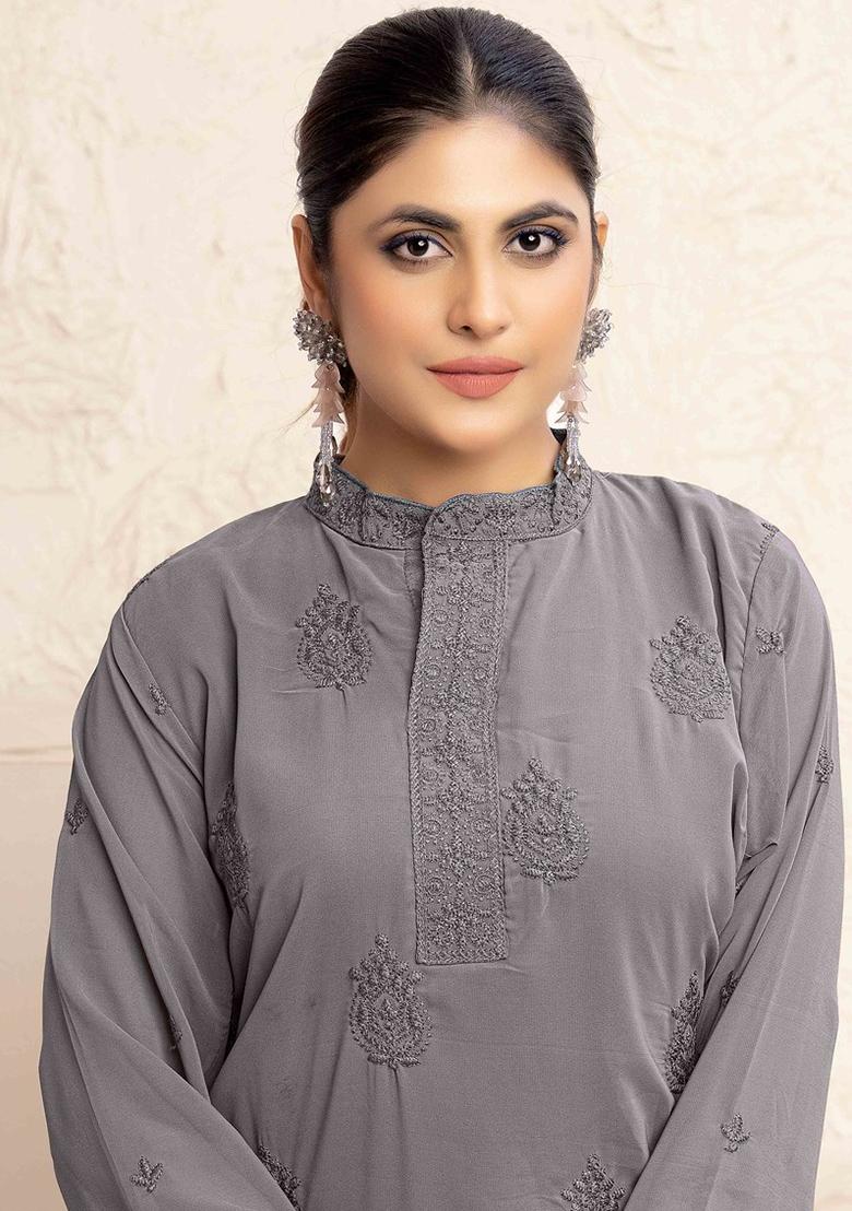 Brown Embroidered Georgette Kurta Set - Indya