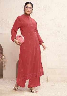Orange Embroidered Georgette Kurta Set