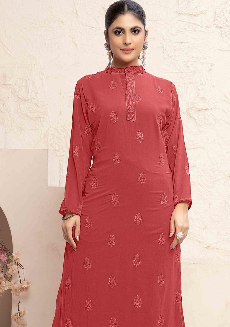 Orange Embroidered Georgette Kurta Set - Indya