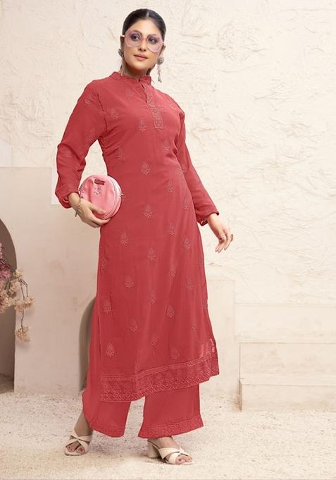 Orange Embroidered Georgette Kurta Set