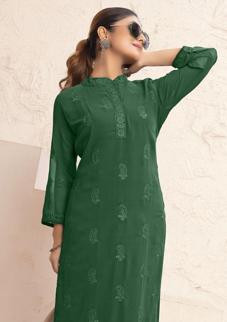 Green Embroidered Georgette Kurta Set - Indya