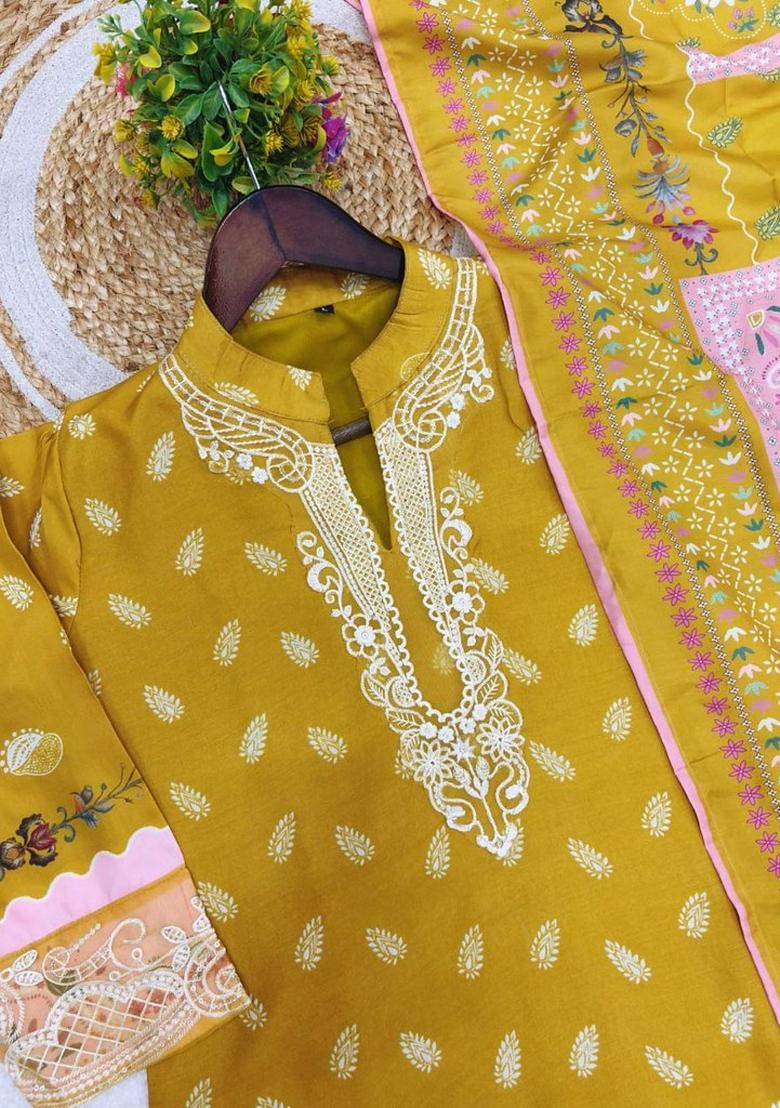 Yellow Embroidered Cotton Kurta Set - Indya