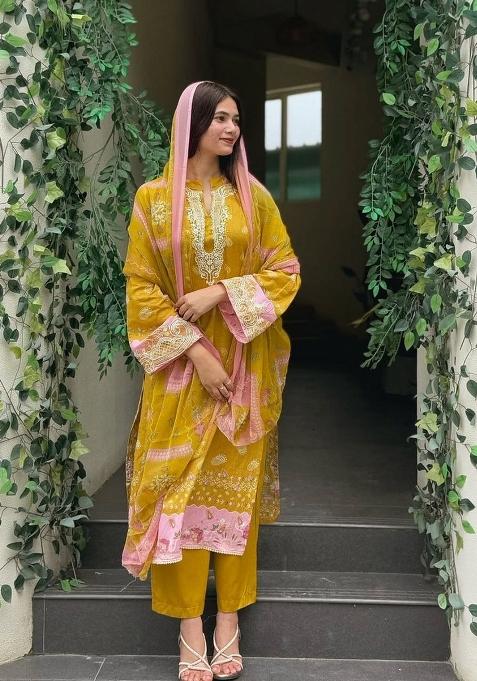 Yellow Embroidered Cotton Kurta Set