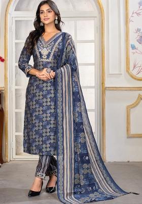 Blue Embroidered Chanderi Kurta Set