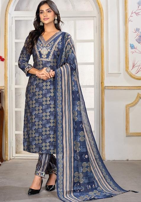 Blue Embroidered Chanderi Kurta Set
