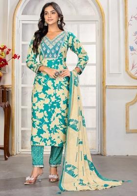 Sea Green Embroidered Rayon Kurta Set