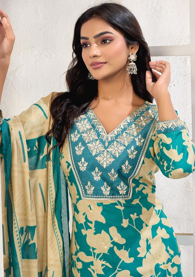 Sea Green Embroidered Rayon Kurta Set - Indya