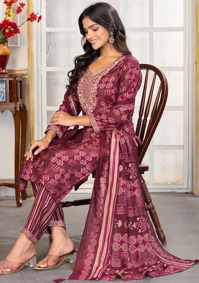 Maroon Embroidered Chanderi Kurta Set - Indya
