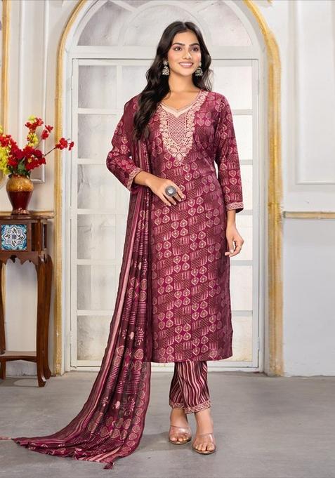 Maroon Embroidered Chanderi Kurta Set