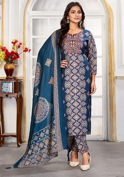 Blue Embroidered Chanderi Kurta Set
