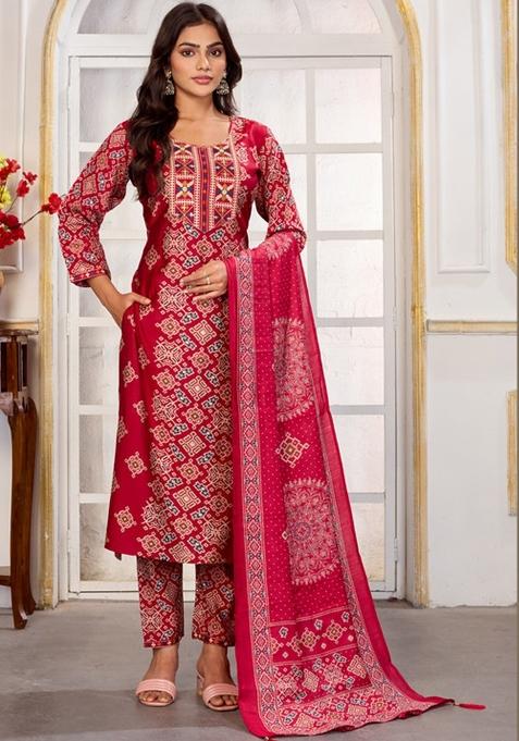 Maroon Embroidered Chanderi Kurta Set