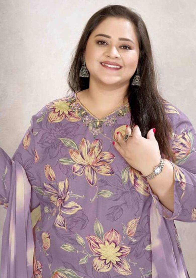 Purple Hand Work Rayon Kurta Set - Indya