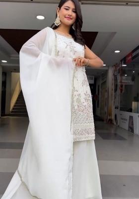 Off White Embroidered Georgette Kurta Set
