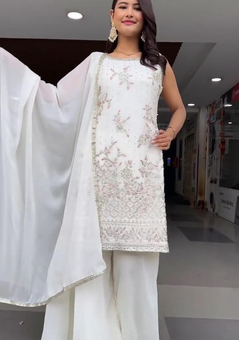 Off White Embroidered Georgette Kurta Set - Indya