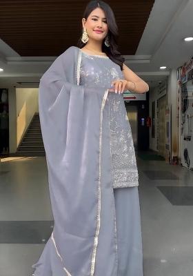 Grey Embroidered Georgette Kurta Set