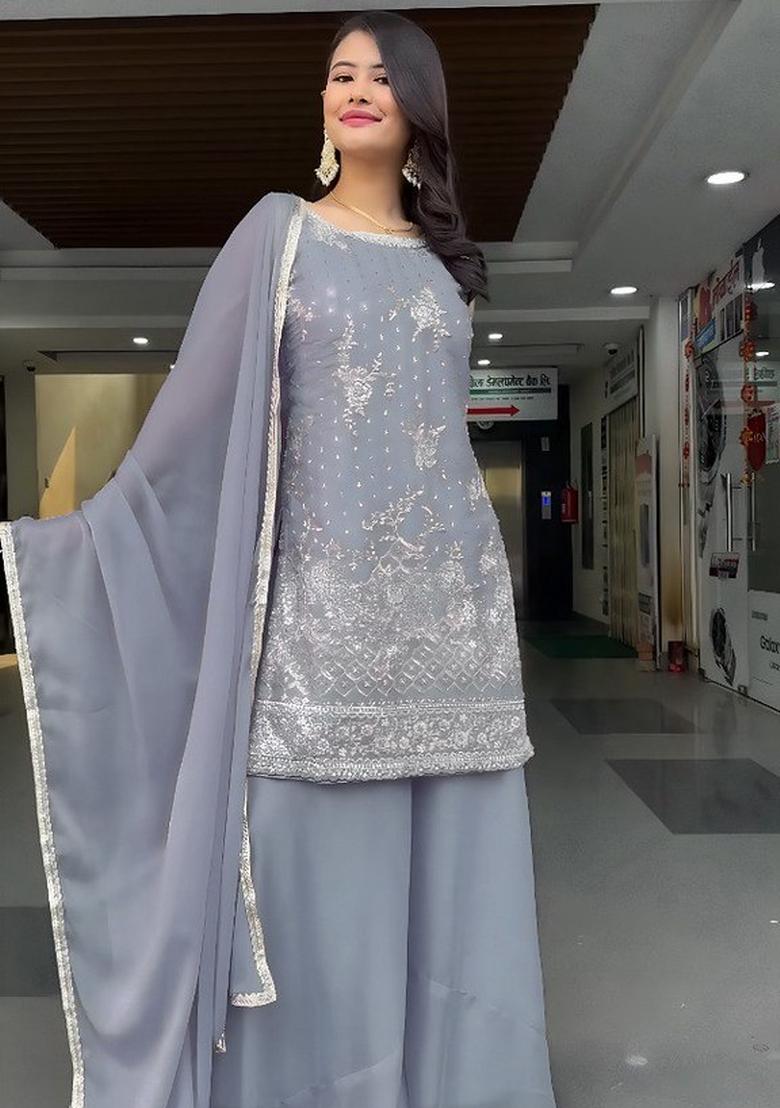 Grey Embroidered Georgette Kurta Set - Indya