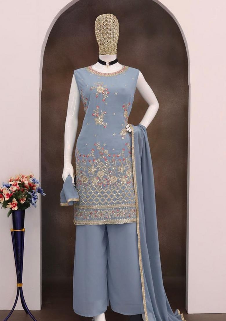 Grey Embroidered Georgette Kurta Set - Indya