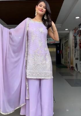 Purple Embroidered Georgette Kurta Set