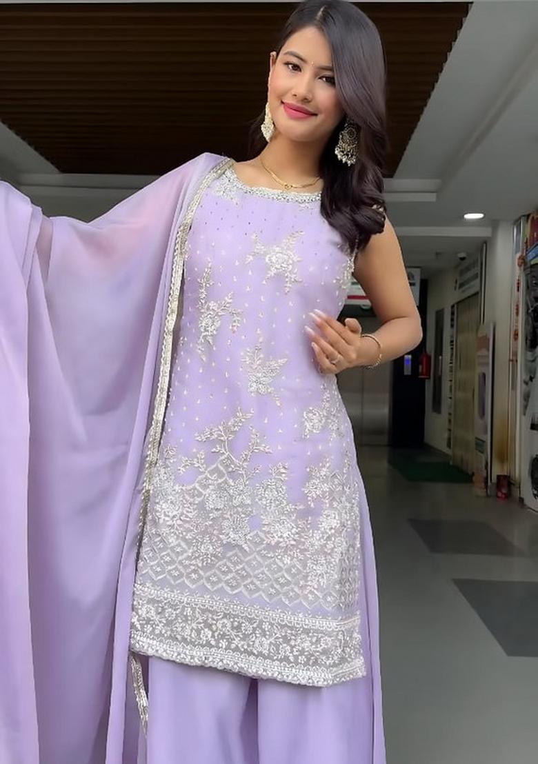 Purple Embroidered Georgette Kurta Set - Indya