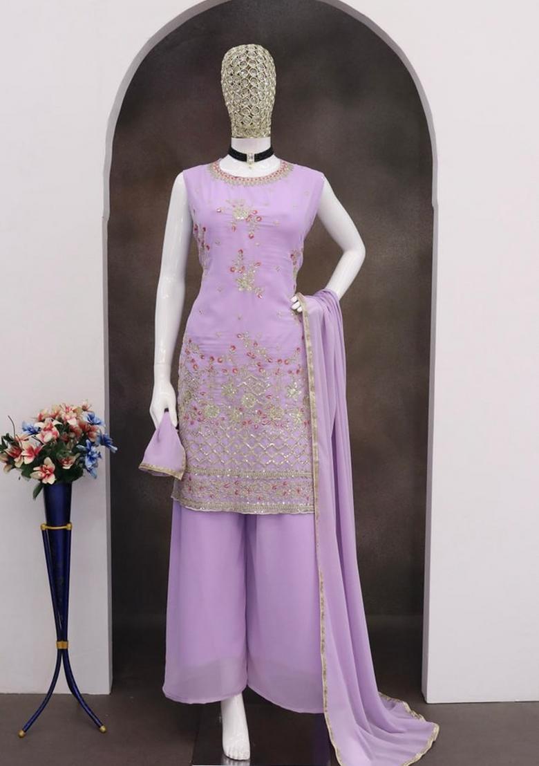 Purple Embroidered Georgette Kurta Set - Indya