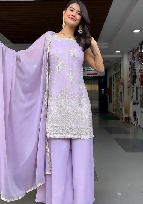 Purple Embroidered Georgette Kurta Set