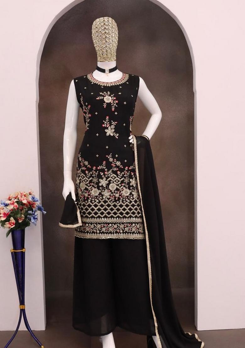Black Embroidered Georgette Sharara Set - Indya