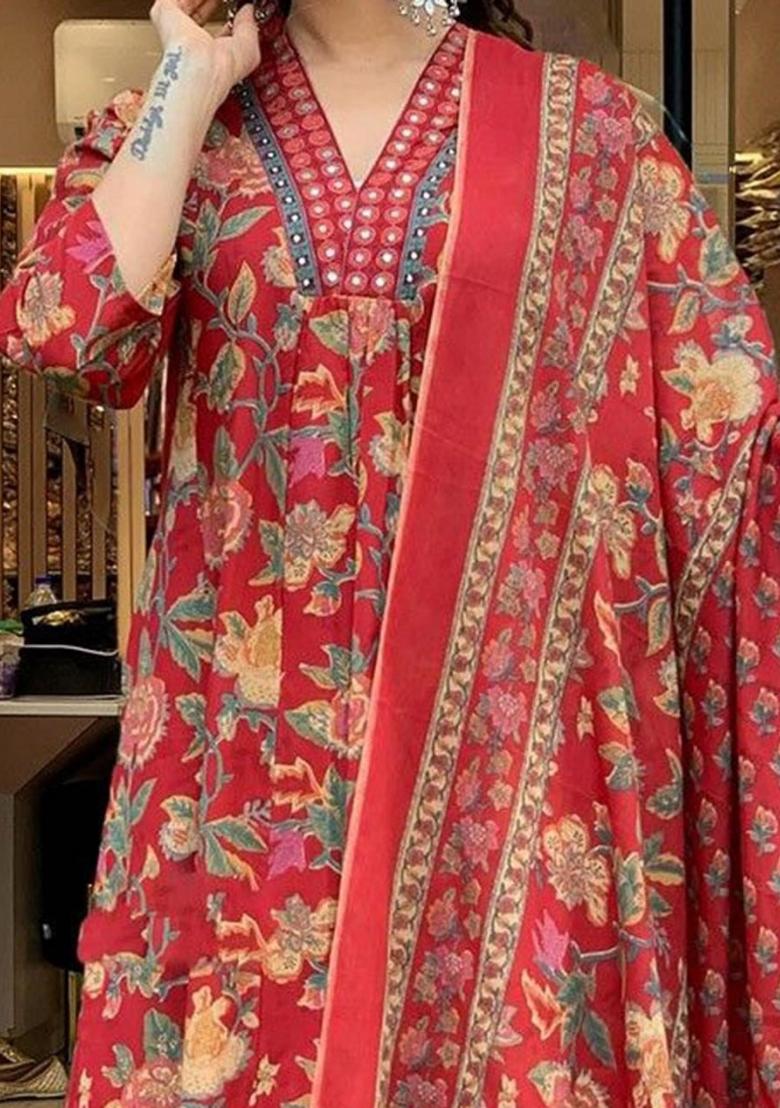 Maroon Printed Cotton Blend Anarkali Set - Indya