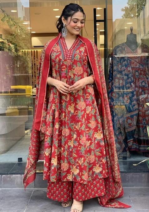 Maroon Printed Cotton Blend Kurta Set