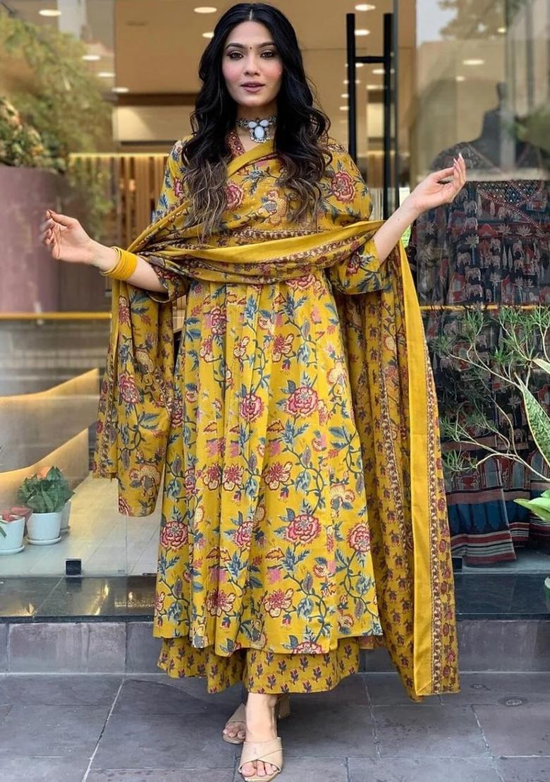 Yellow Printed Cotton Blend Anarkali Set - Indya