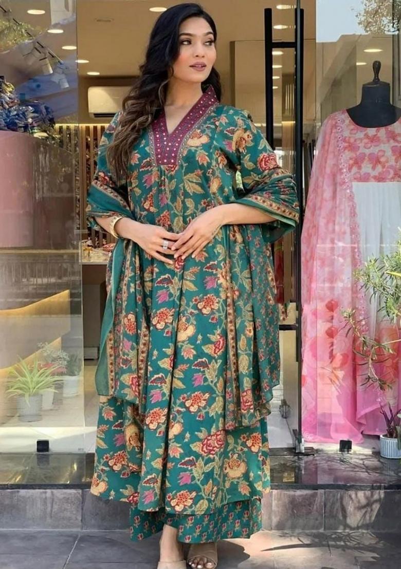 Green Printed Cotton Blend Anarkali Set - Indya