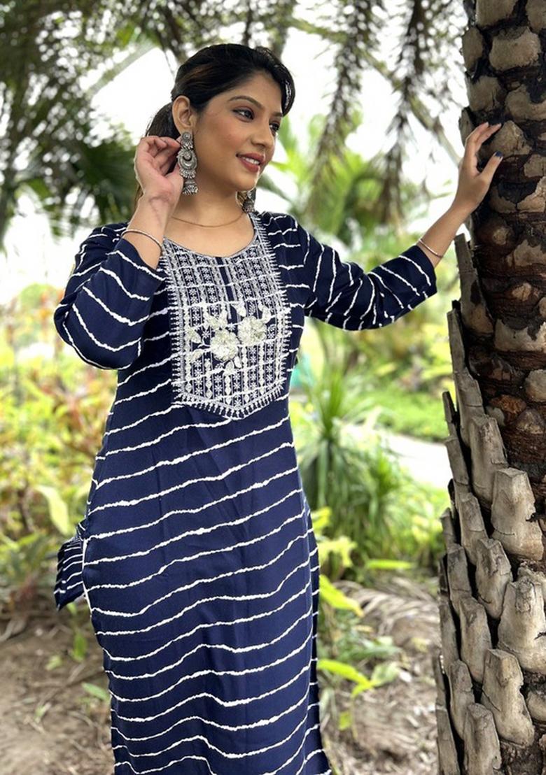 Blue Embroidered Rayon Kurta - Indya